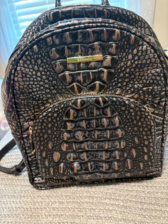 Brahmin Handbags - Brahmin Black and Brown Croc-Embossed Mini Backpack with Gold Plaque Accent